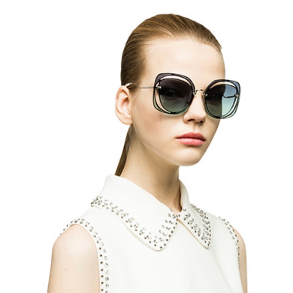 Miu Miu MU 54SS Cutout Round Sunglasses Gold frame blue lense 100% Authentic